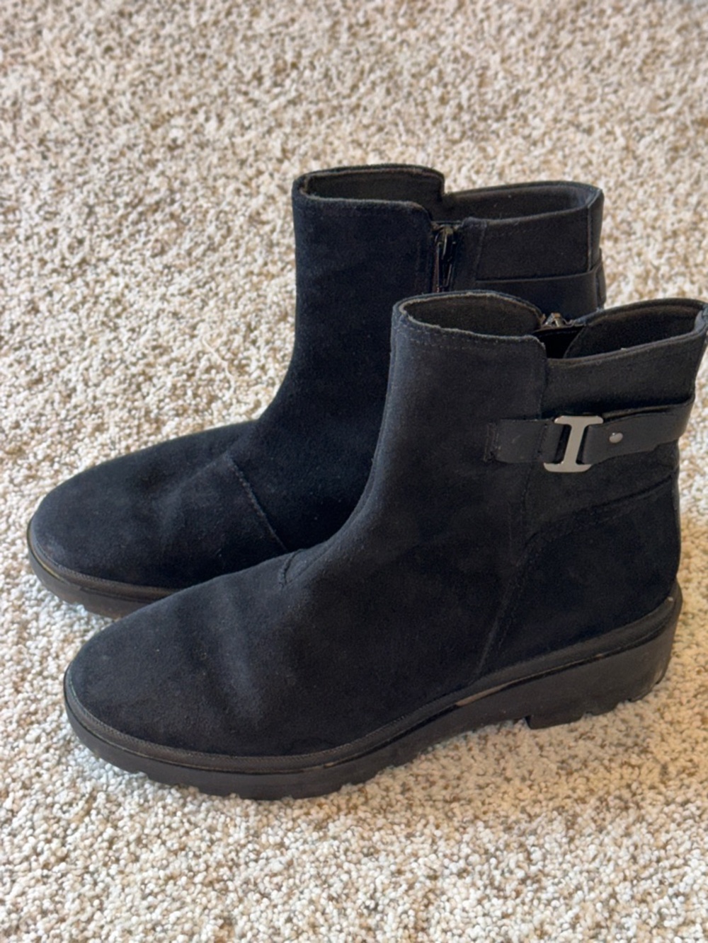 Clarks Black Suede Ankle Boots with Side Zip & Buckle Accent